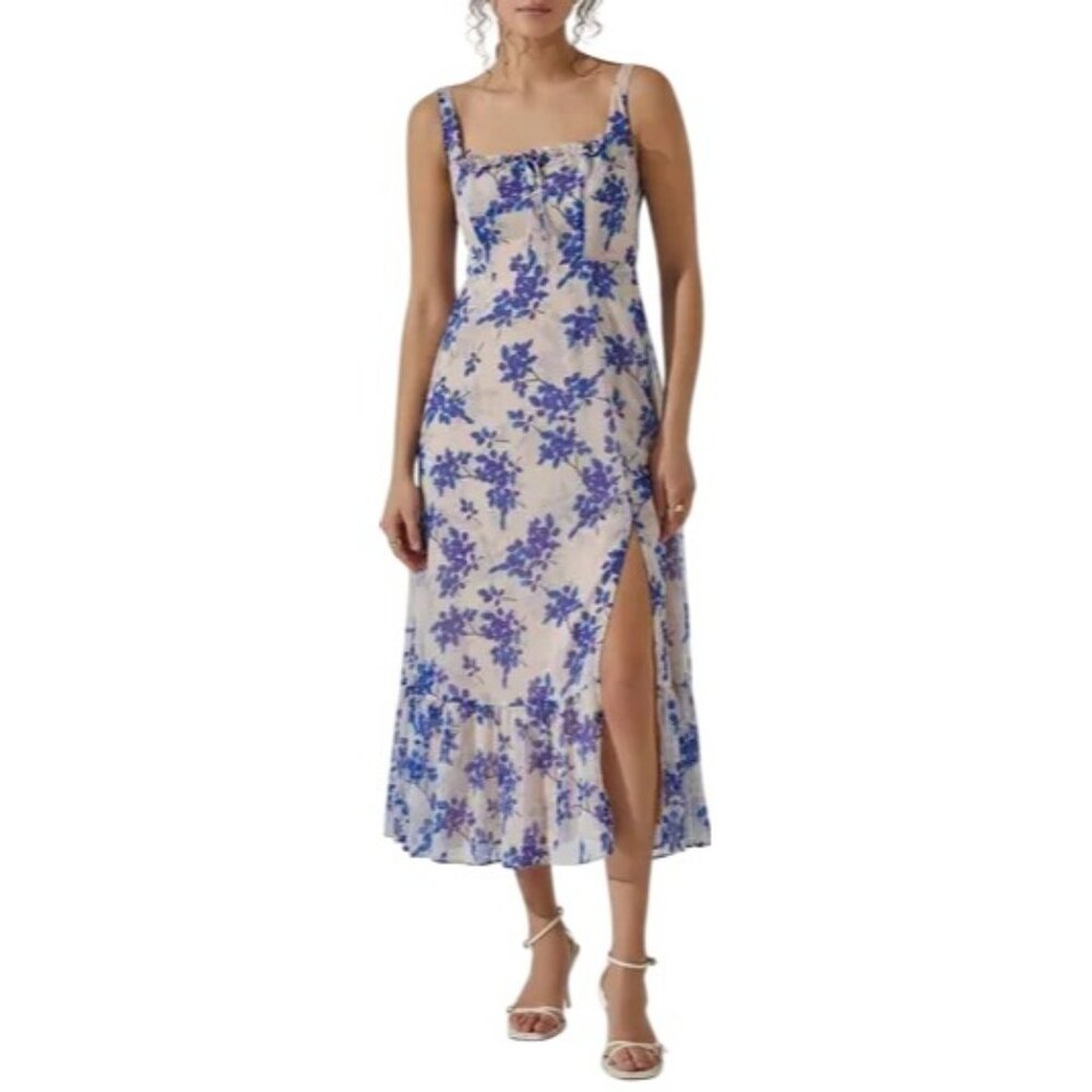 Astr White Floral Midi Dress with Blue Print
